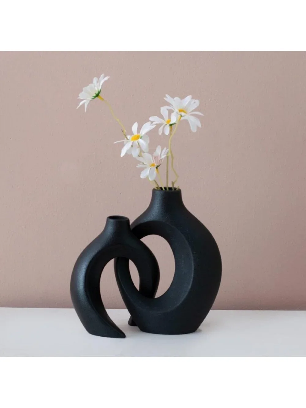 Stylish Black Ceramic Hollow Vases Set of 2 | Modern Home Decor Accent